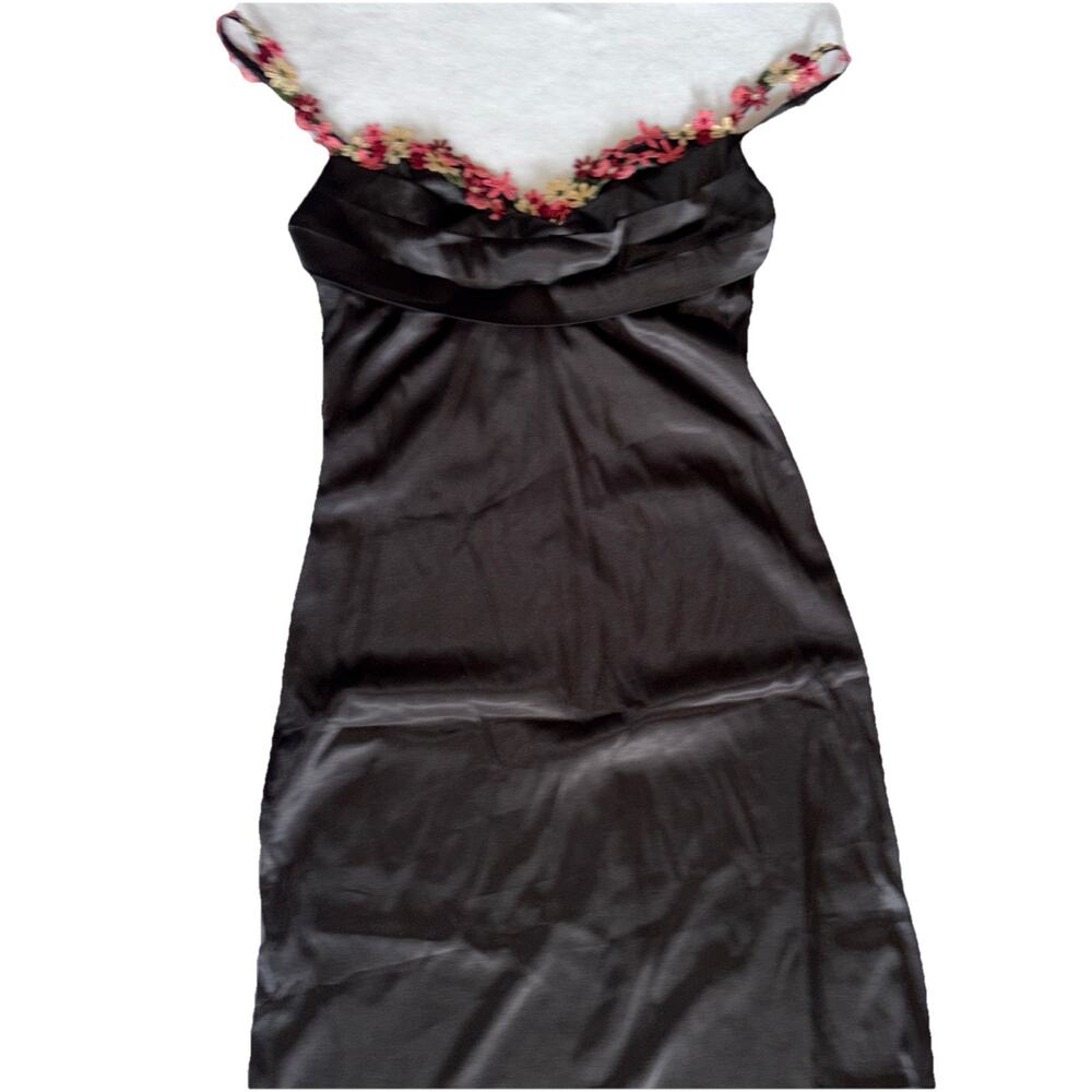 Marthea Black Maxi Slip Dress Embroidered Floral Straps Whimsy Goth Witchy Sz L